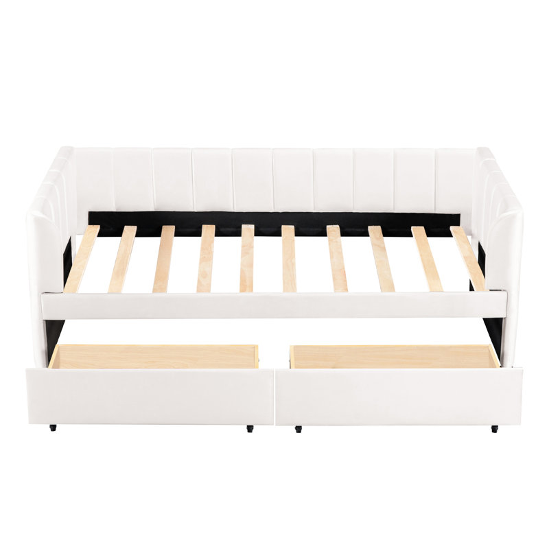 Lit de jour simple beige avec 2 tiroirs et support dorsal ergonomique - Tête de lit à rayures classique pour une chambre à coucher élégante