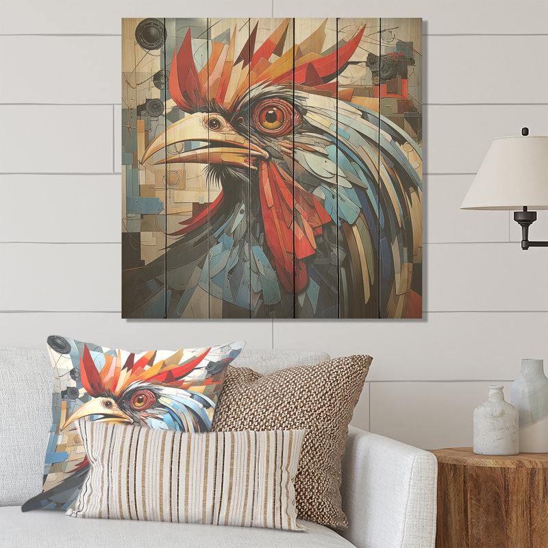 «Cubic Colorful Rooster Collage II», animal de poulet sur bois, H 15 po x l 15 po