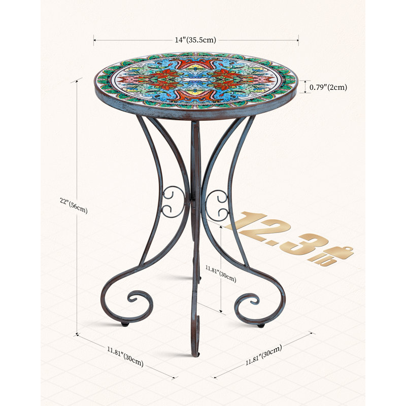 Table de patio en mosaïque Wild Lily et support pour plante, table d'appoint d'extérieur pour patio avec plateau en céramique de 14 po