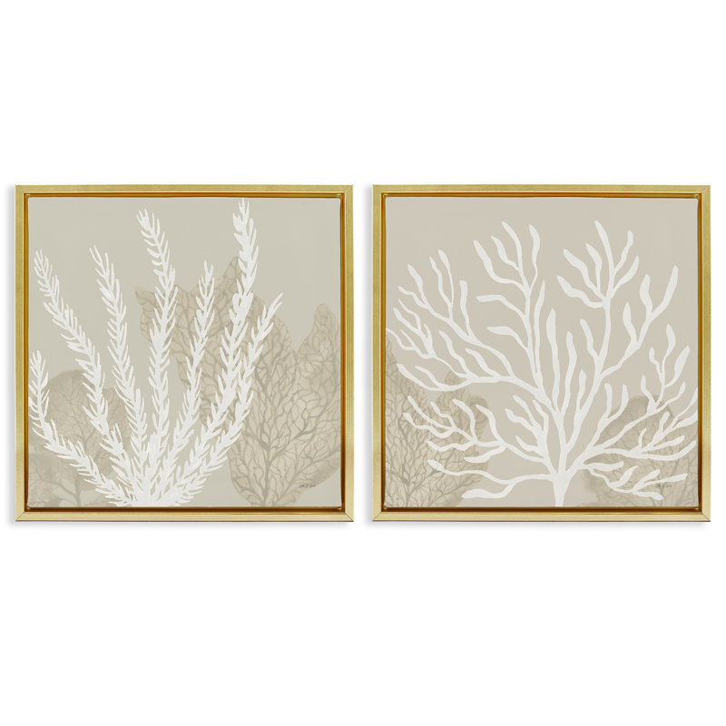 Ensemble de 2 toiles flottantes encadrées brunes en corail sur fond beige, design par Yvette St. Amant, 18" H x 18" W