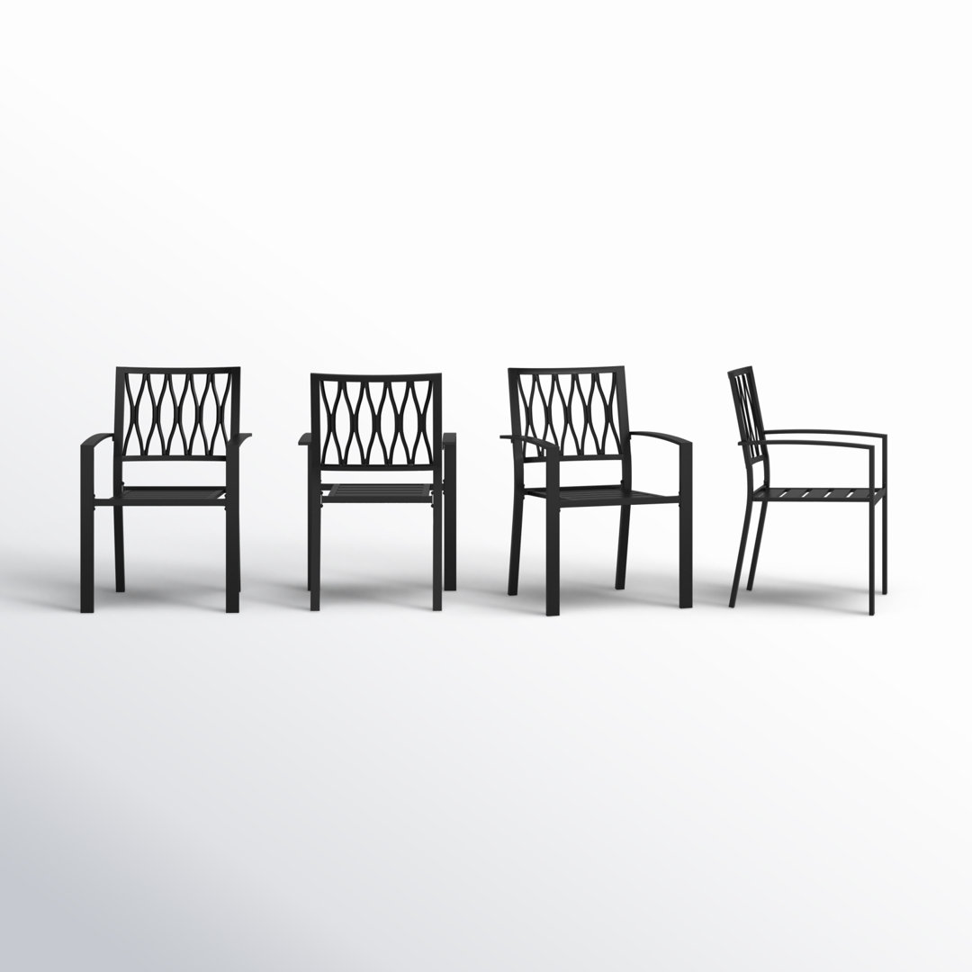 Allarna Stacking Outdoor Patio Chair of 2 Bistro and Dining Chairs, Powder-coated Finish and Iron Frame for Patio, Black (Set of 4) Wade Logan®