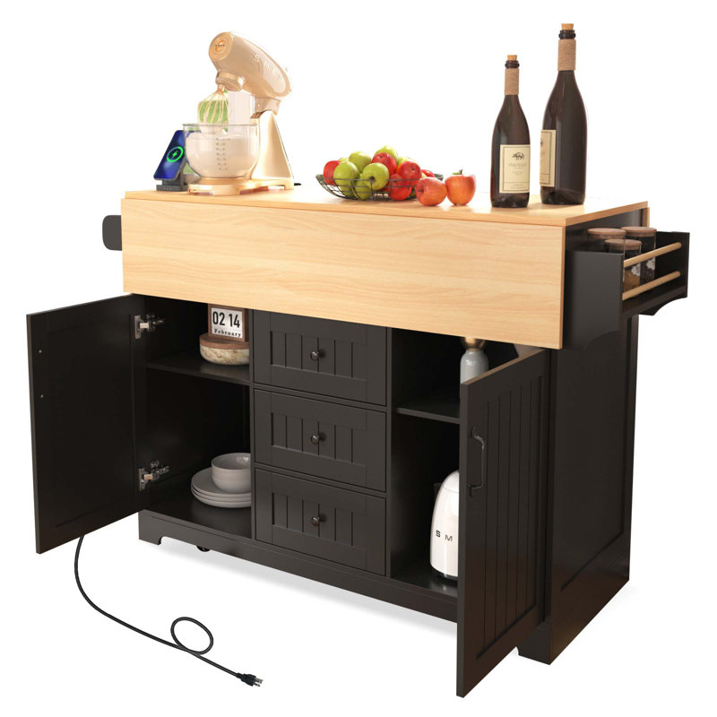 55.7'' Large Kitchen Island With 2 Drop Leaf,, Rolling Kitchen Cart On 5 Wheels With Power Outlet, Folding Storage Dining Table With Spice & Towel Rack , 3 Drawers, For Kitchen, Dining Room,Black