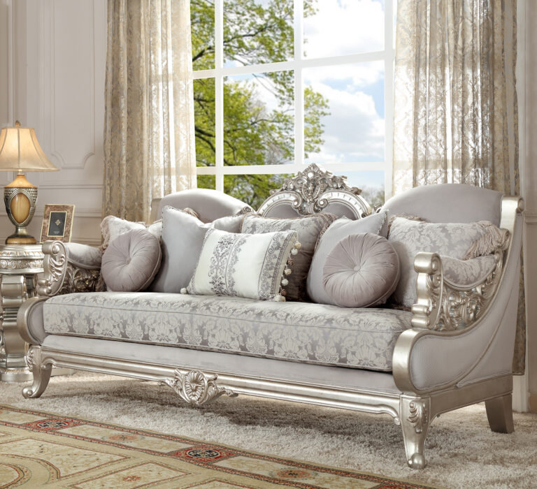 Metallic Silver Hand Carved Sofa with Rich European Fabric