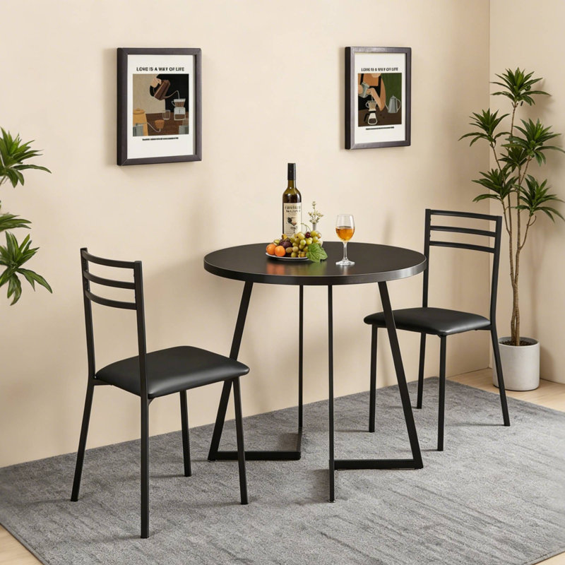 Kilwin 3-Piece Black Modern Round Dining Table Set with 2 Chairs, Space-Saving Kitchen & Breakfast Nook Dining Set, Compact Small Space Bistro Dining Room Table Set