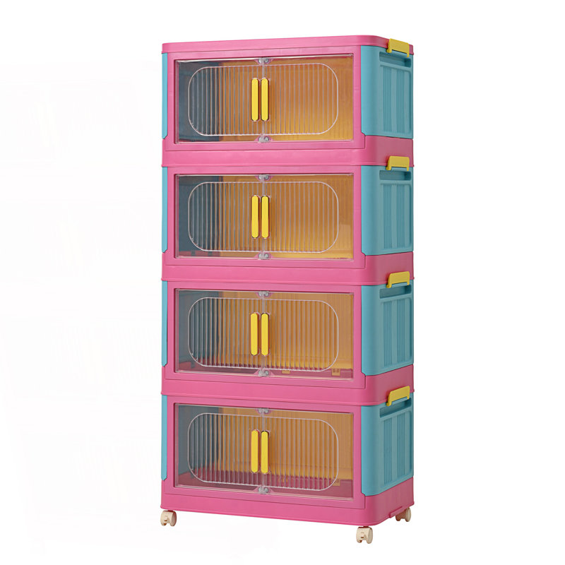Side Wide Folding Storage Cabinet, 4 Tiers Collapsible Storage Bins With Magnetic Door, Plastic Storage Cabinet With Wheels, Living Room Cabinet