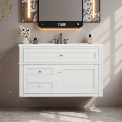 Meuble-lavabo mural 36 po, armoire de rangement flottante avec 2 tiroirs, 1 tiroir basculant, lavabo simple en céramique 3 trous