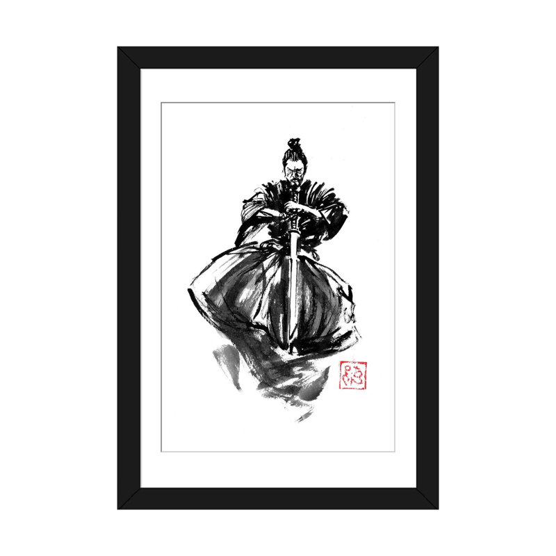 Reproduction d'art mural de Samurai et Katana sautant - papier d'art encadré, 32" x 24", Framed Paper, Black