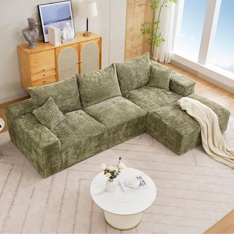 110 Inch Modular Sectional Sofa, Chenille Convertible Couch With 2 Throw Pillows, Oversized Deep Seat L-Shaped Couch