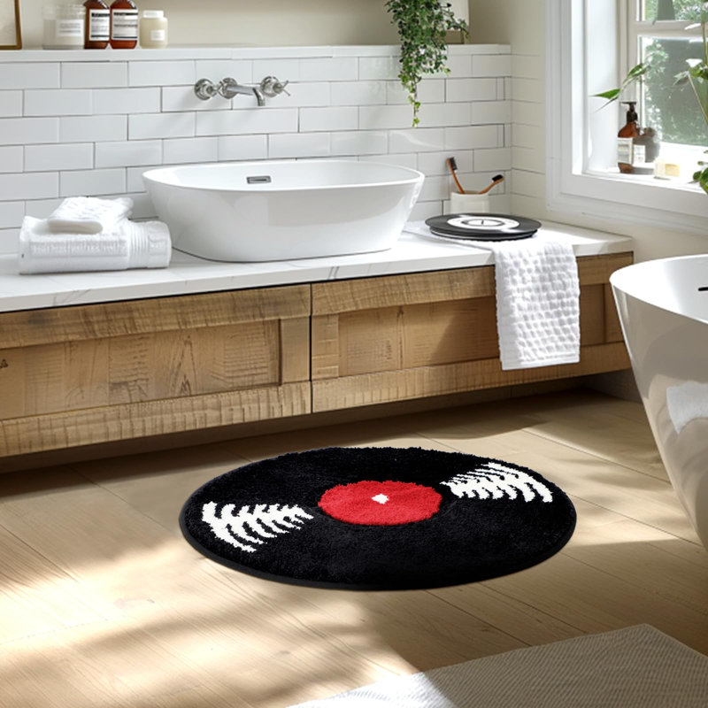Tapis de salle de bain en vinyle avec tapis de bain rond noir et blanc 23,5 po