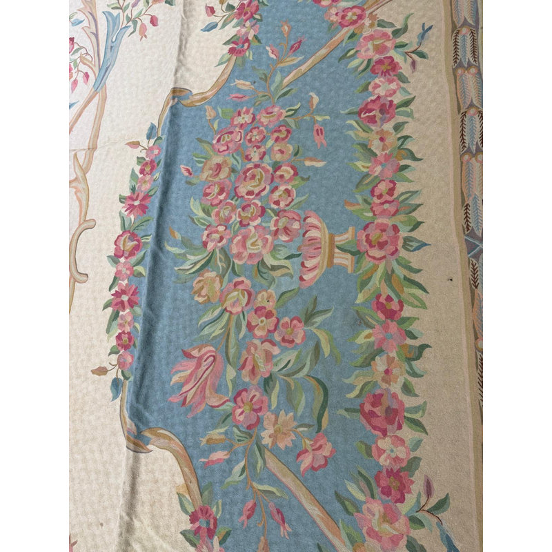 1920s Antique Ivory Floral Medallion India Agra Textile Chain Stitch Gallery Rug
