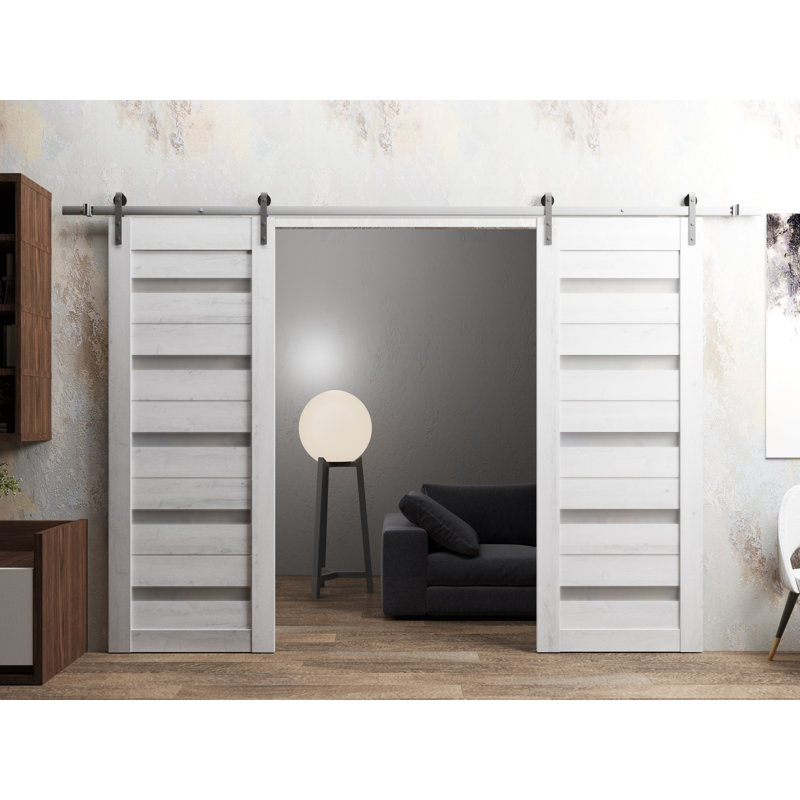 Porte de grange double robuste avec vitrage dépoli Quadro 4445 Blanc nordique, supports de rail de 4 m (13 pi), portes intérieures à panneaux pleins et lourds - 213 cm x 244 cm (84 po x 96 po) (2 x 107 cm x 244 cm) - Rail argenté