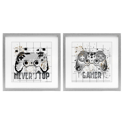 «Gamer Words with Modern Pixels», ensemble de 2 reproductions encadrées sous verre, par Kim Allen