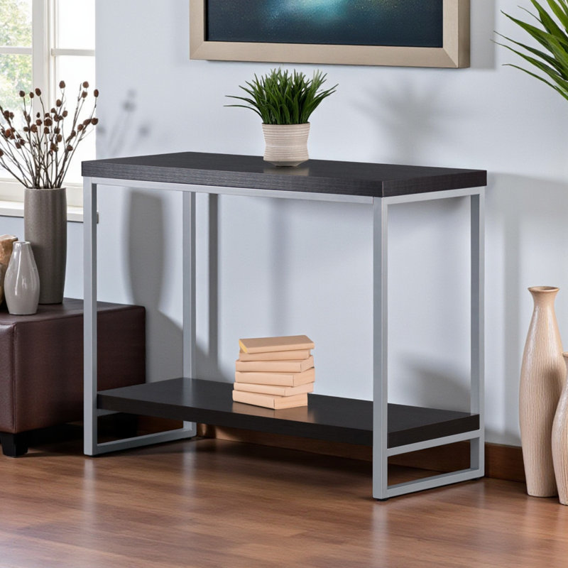 Solstice Open Shelf Two-Tone Console Table in Gray and Brown, 30.17" H X 39.71" W X 15.82" D