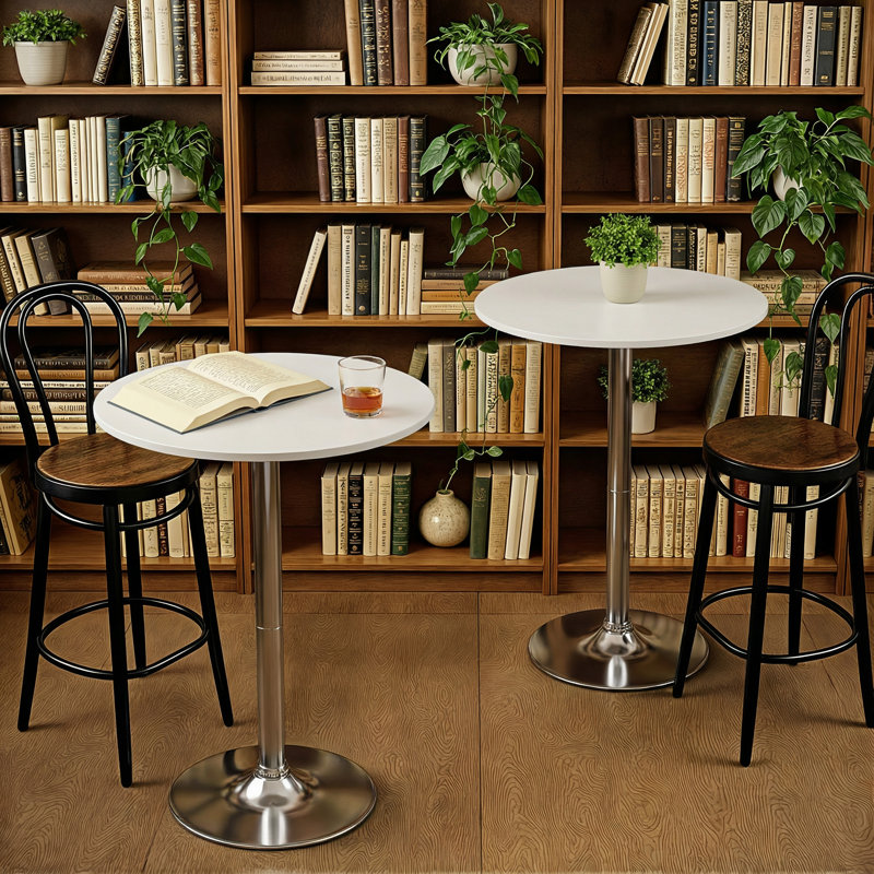 Nuno 2 - Piece 39.5" Pedestal Height Dining Tables, Round Bistro Bar Tables, White, Silver