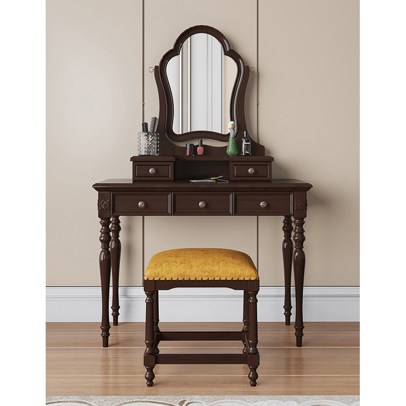 American-Style Rustic All-Solid Wood Dresser With Stool