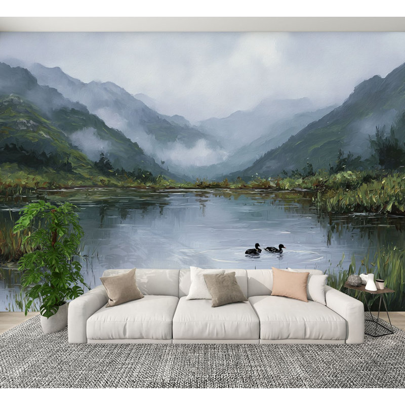 Papier peint adhésif pelucheux Serene Pond Ducks Mountain Landscape Inspired Nature Wall Art, L 96 po x l 69 po