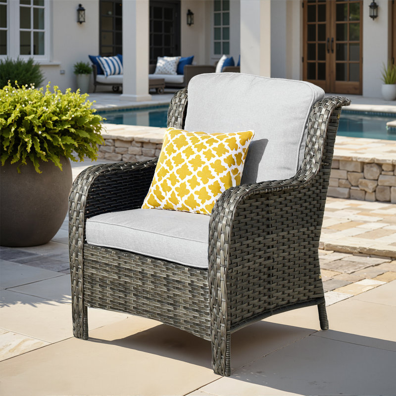 Guillen Wicker/rattan Patio Chair With Cushions, Light Gray Cushion/Gray Frame