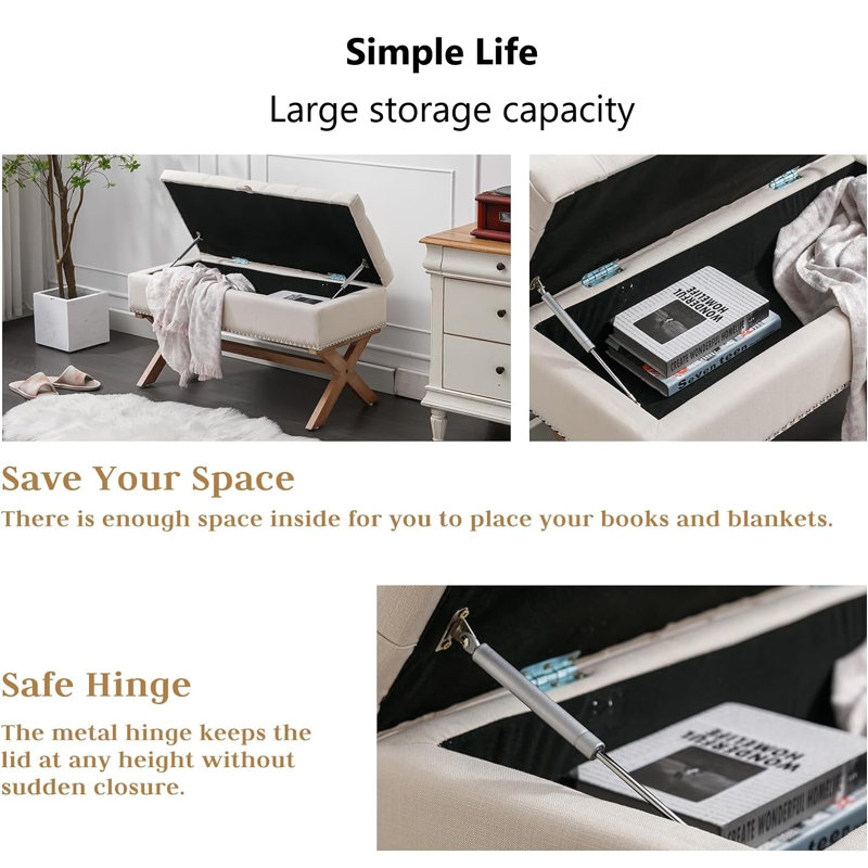 Beige Tufted Linen Storage Bench with X-Shaped Legs