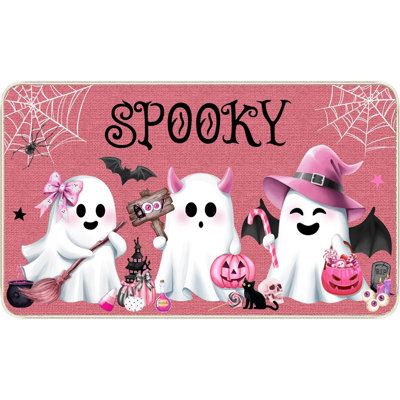 Paillasson d'Halloween Tapis de porte intérieur antidérapant à motif de fantômes roses, hall d'entrée, décoration d'Halloween effrayant pour la maison, la fête et le porche, 17 po x 29 po