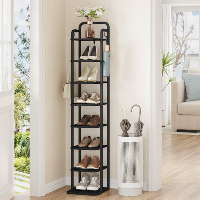 8 Tiers Vertical Shoe Rack, Narrow Shoe Tower, Tall Shoes Shelf with 2 Hooks, Adjustable Shelves, Corner Shoes Shelves for Small Spaces, Entryway, Living Room, Black
