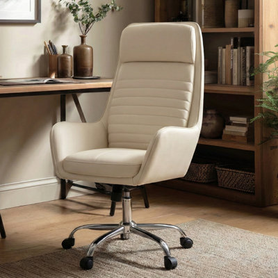 Fauteuil de bureau à dossier haut COLAMY, fauteuil de direction ergonomique en cuir beige