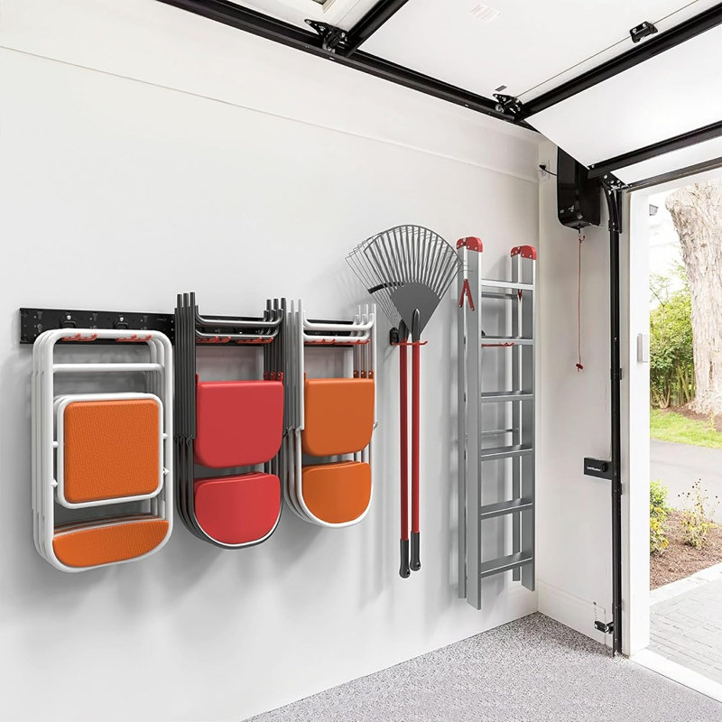 Support de rangement mural pour outils de rangement de garage, crochets de chaise pliants robustes avec 8 crochets réglables, rails de 48 pouces, capacité de charge maximale de 300 lb