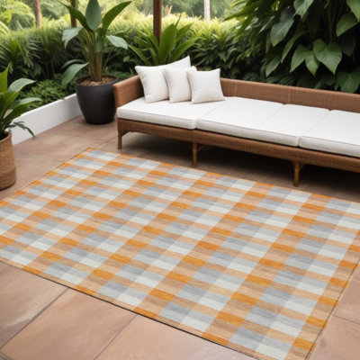 10' X 14' Beige Plaid Washable Indoor Outdoor Area Rug