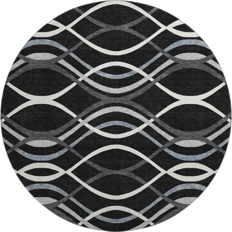 Premium Machine Washable Prisco Black Rug, Round 8'