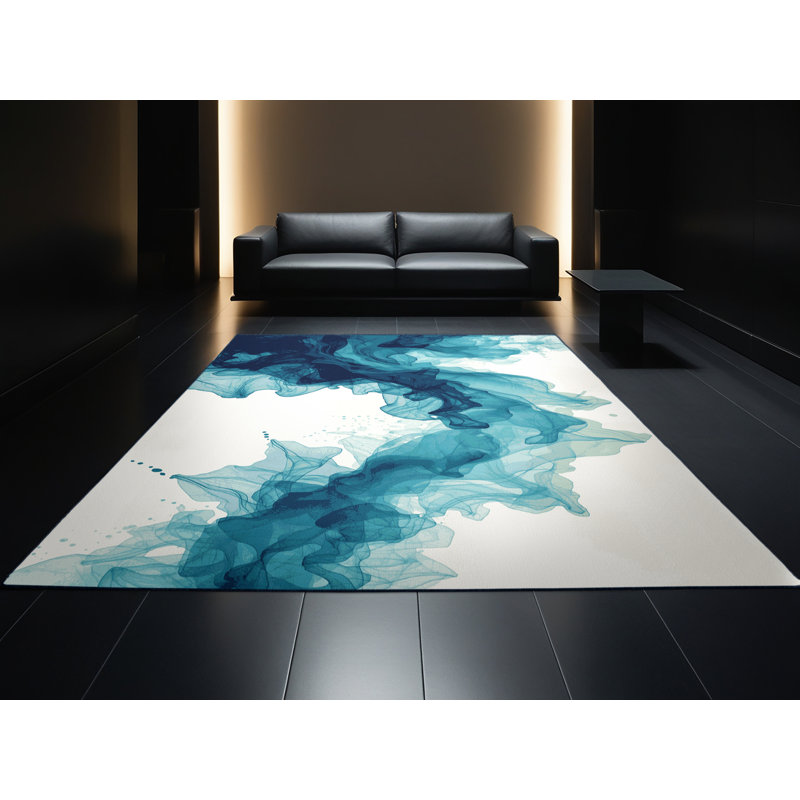 Machine Washable Bemott Modern & Contemporary Abstract Rug in Green – Navy Binding, 5x7