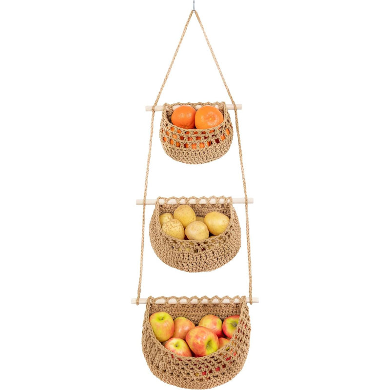 Panier à fruits en coton suspendu, panier mural tissé à 3 niveaux, paniers de rangement suspendus pour la cuisine et la salle de bain, suspension murale en macramé, organisateur Boho Decor au-dessus de la porte