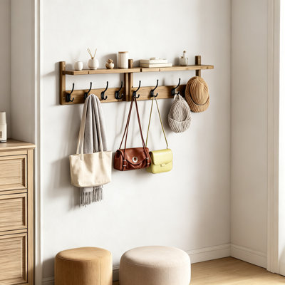 Porte-manteaux mural en bambou avec tablette (lot de 2), tringle à crochets pour entrée, rangement pour chapeaux, organisateur de clés, porte-laisse pour chien