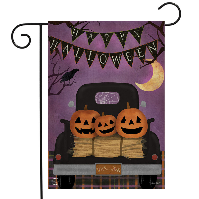 Drapeau d'Halloween camion de jardin primitif, Orange / noir / mauve / jaune