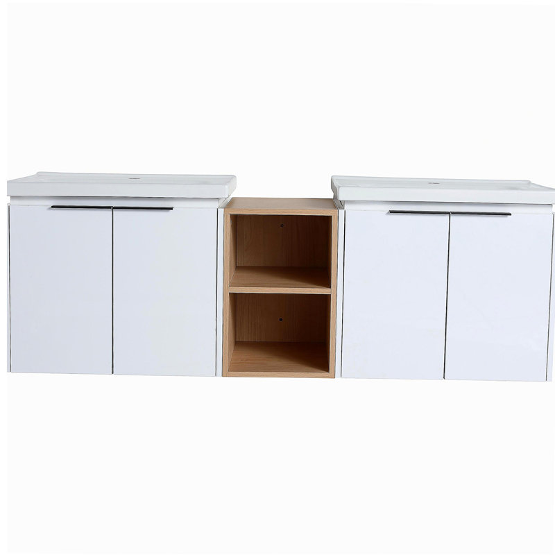 Lavabo de salle de bain 60 po à fermeture en douceur avec bol et petite tablette de rangement, Blanc