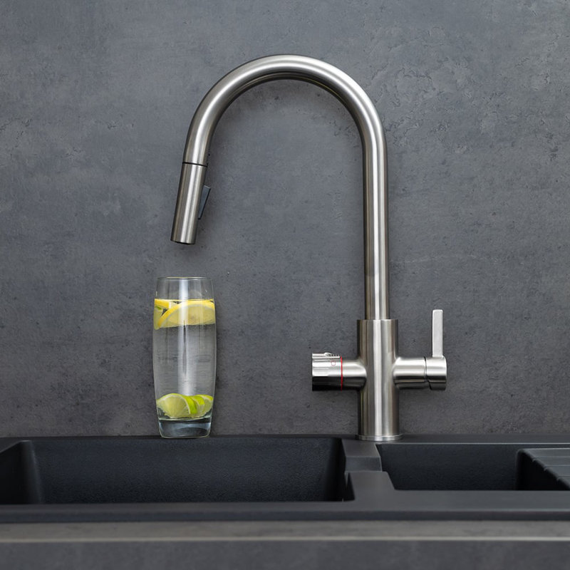 4-in-1 Instant Boiling and Filtered Water Tap with Pull-Out Spray - C-Shape - 2.4 Litre Boiler, Polished Chrome