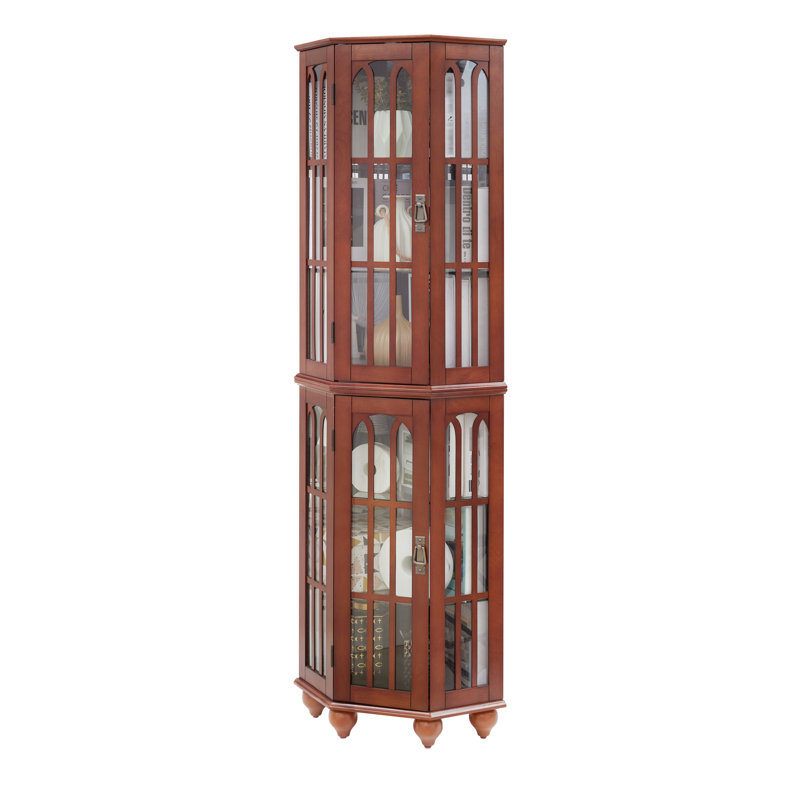 Vitrine de coin en noyer avec 4 tablettes réglables et interrupteur marche / arrêt en verre trempé de 70 po, Noyer