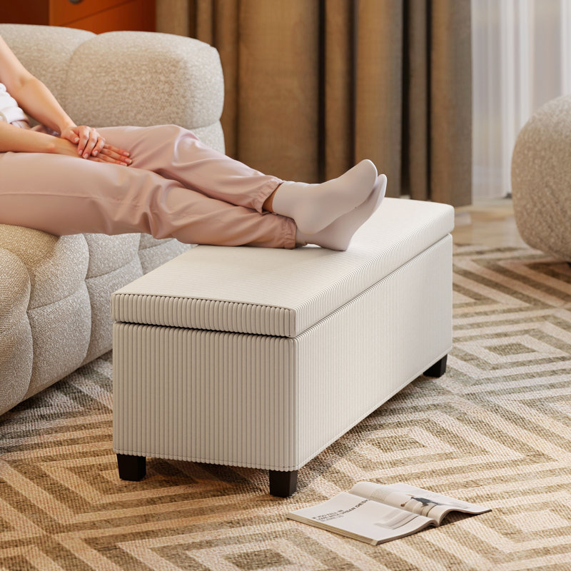 44 Inches Storage Ottoman Bench, Foot Rest with Removable Lid, Legs, End of Bed Bench, Corduroy Storage Chest, Padded Seat, for Living Room, Bedroom, Entryway, Beige