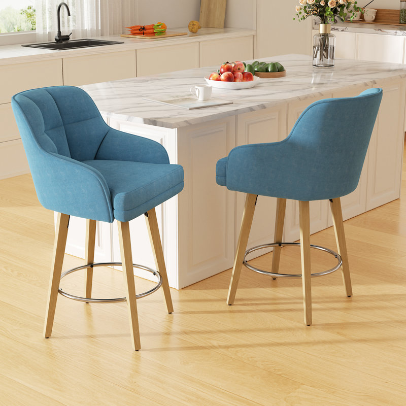 Modern Swivel Bar Stool With Backrest, Armrests And Wood Legs - Counter Height Chair For Kitchen Island, Blue