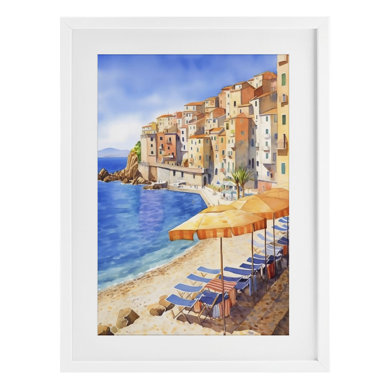 «Beach Lounging on Mediterranean Shore», reproduction encadrée sous verre, design by Creative Studio, 20 x 14