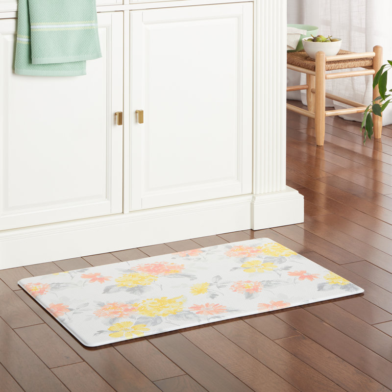Martha Stewart Amber Floral Daisy Stripe Reversible Water-Resistant Kitchen Mat, Rectangle 20" x 30", Light Gray