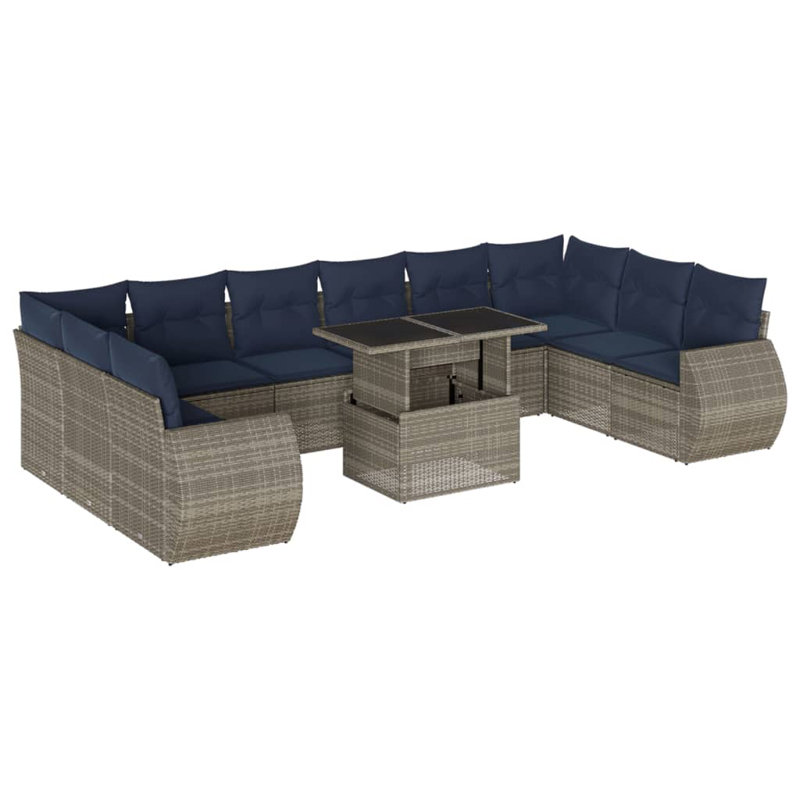 Ensemble de canapé de patio 11 pièces avec coussins en rotin de polyester, Gris, Marine