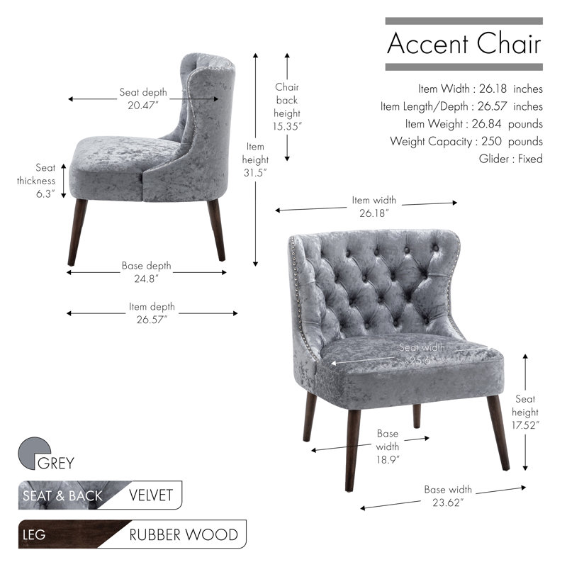 Kaleesi Velvet Slipper Chair with Rubberwood Legs, Gray Velvet