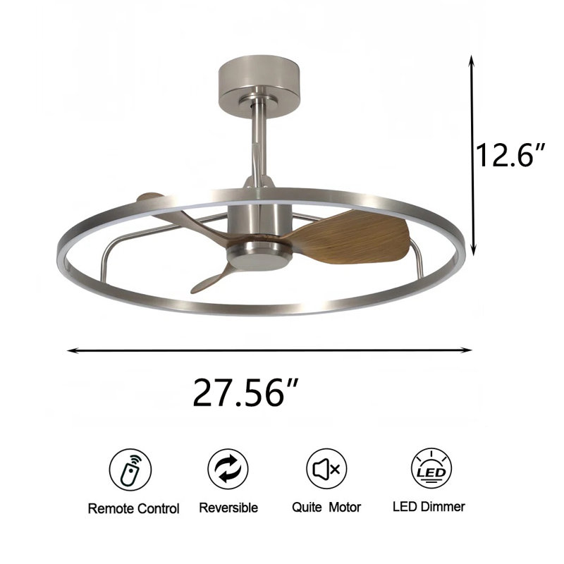 27.56" 3 Blade Modern Ceiling Fan With Light Flush Mount Metal Ceiling Fan with LED Light and Remote