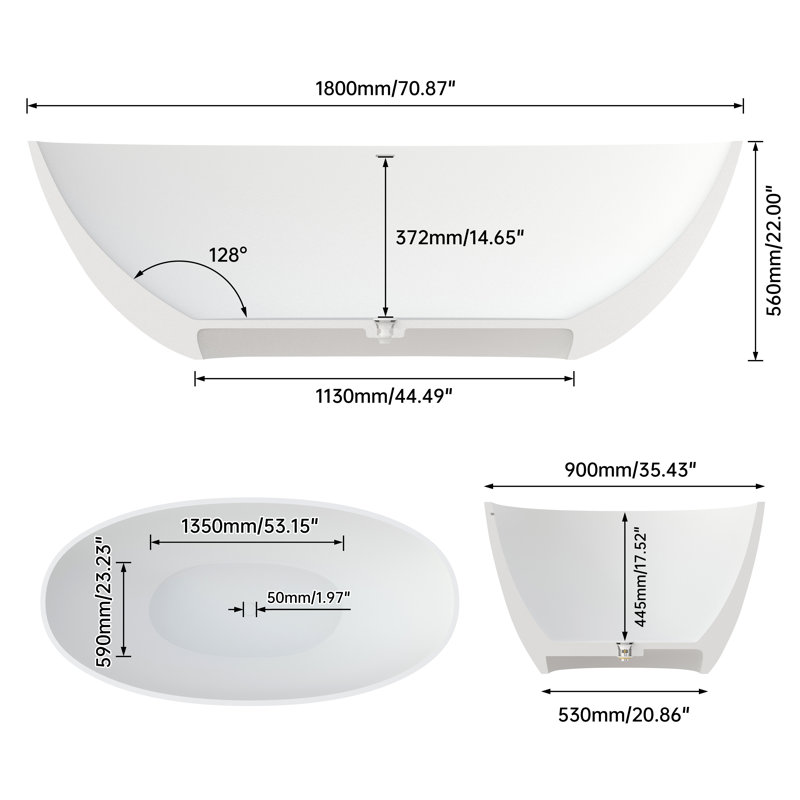 71" Premium Solid Surface Deep Soaking Bathtub