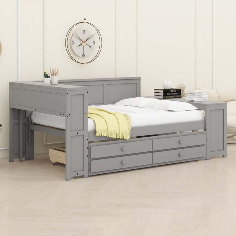 All-In-One Storage Daybed With Trundle, Charging Station, LED Lighting, Integrated Desk And Cabinet, Gray