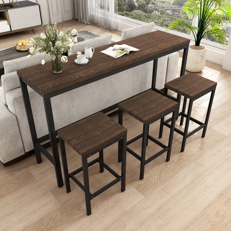 Table de salle à manger de cuisine moderne, table de pub, ensemble de table de salle à manger longue avec 3 tabourets, assemblage facile, brun foncé