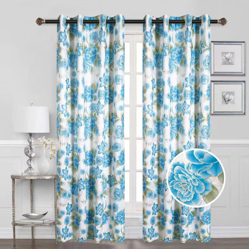 Blackout Curtain Single Panel, Aqua Peony