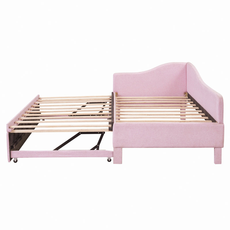 Elegant Upholstered Daybed, Bed Frame With Pop Up Trundle, Pink