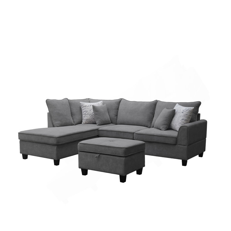 Canapé modulaire en tissu gris de 99 po avec méridienne et repose-pieds de rangement Gabriella
