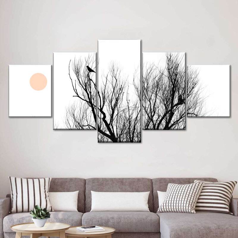 «Trees Trees and Bird Silhouette on Canvas», reproduction de 5 pièces, H 24 po x l 55 po x P 1 po