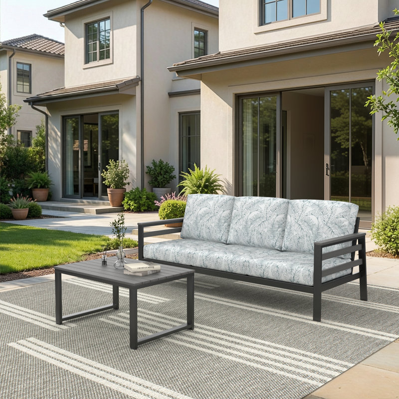 Townsend 80'' Wide Outdoor Patio Sofa with Sunbrella Cushions, Green/White, Coastal Grey